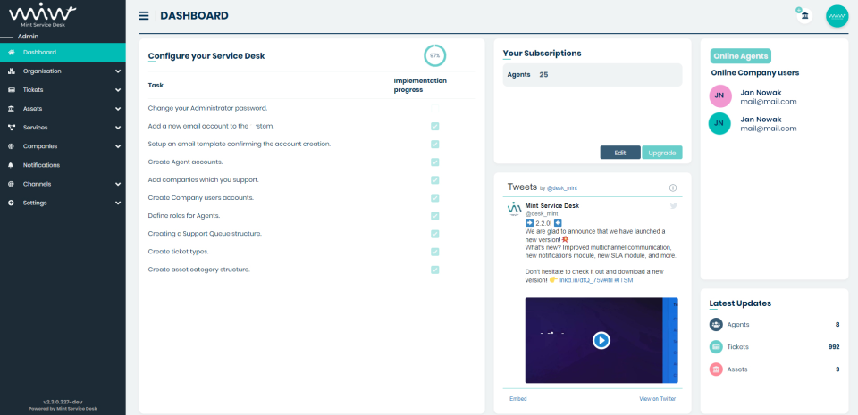 screenshot of Mint Service Desk